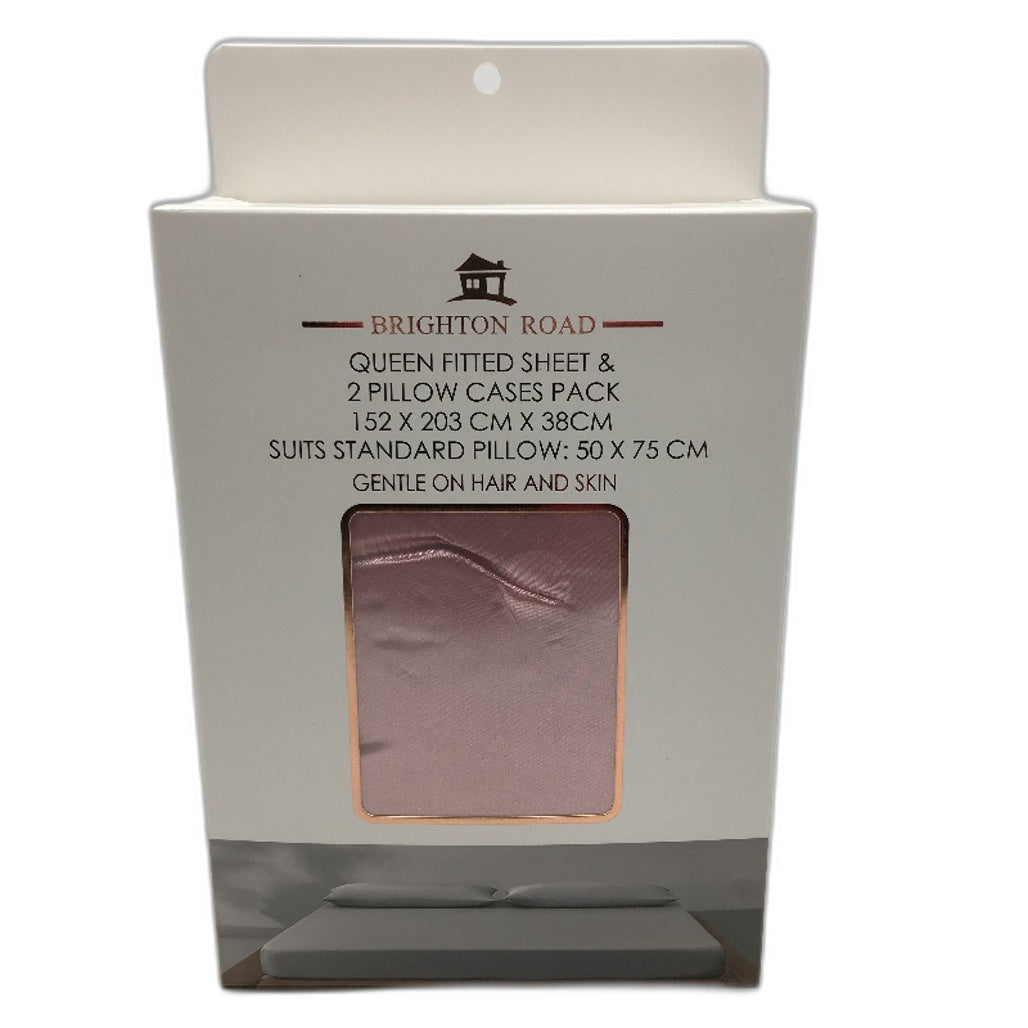 Brighton Road Pink Gentle On Hair & Skin Satin QUEEN Size Fitted Sheet Pack NEW
