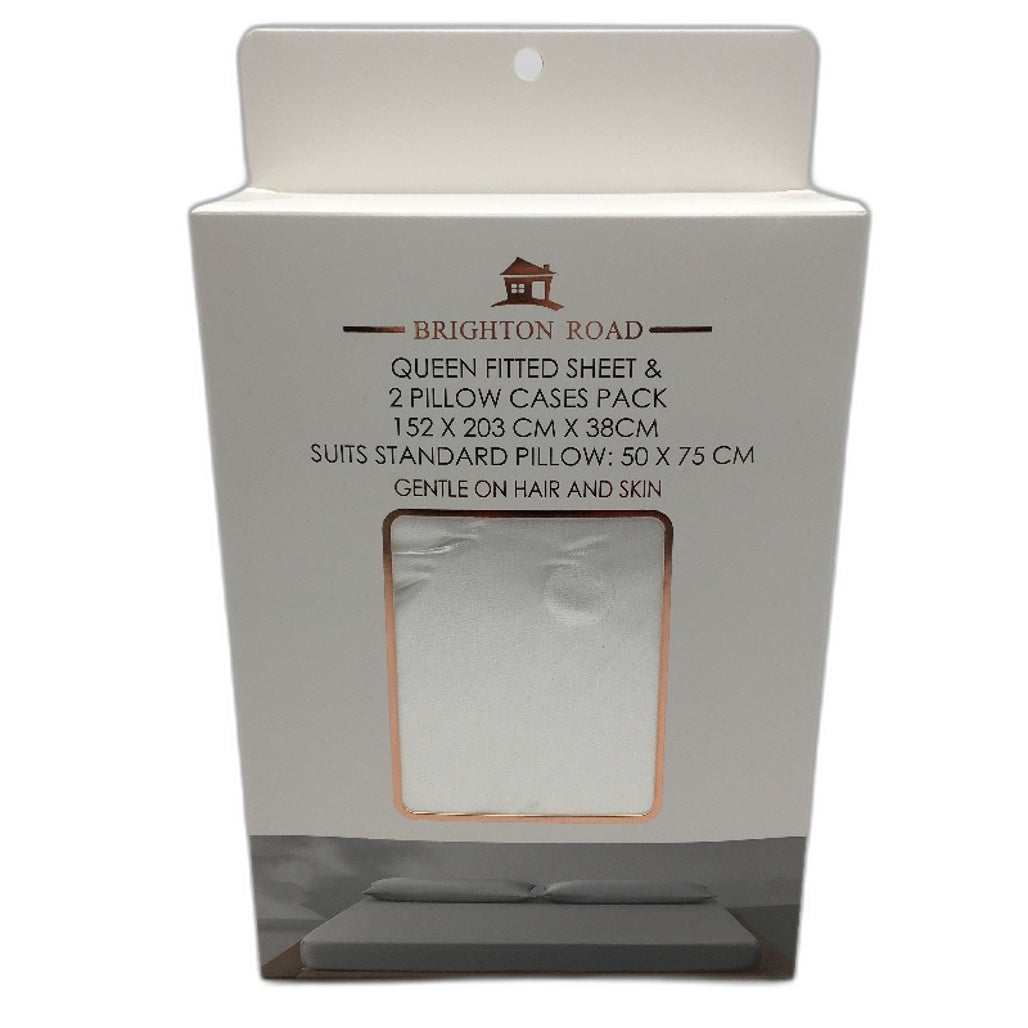 Brighton Road White Gentle On Hair & Skin Satin QUEEN Fitted Sheet Pack NEW