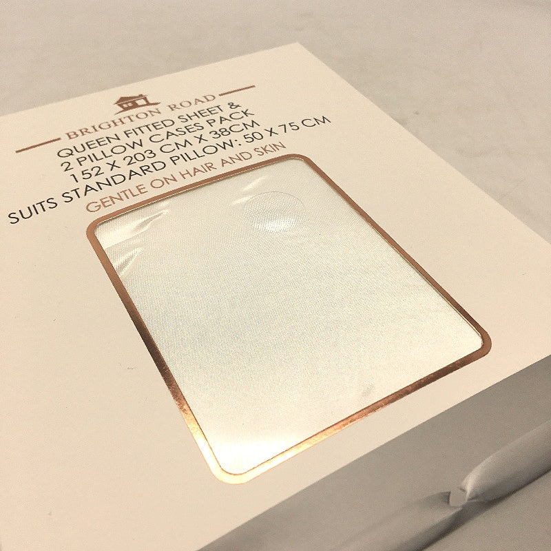 Brighton Road White Gentle On Hair & Skin Satin QUEEN Fitted Sheet Pack NEW