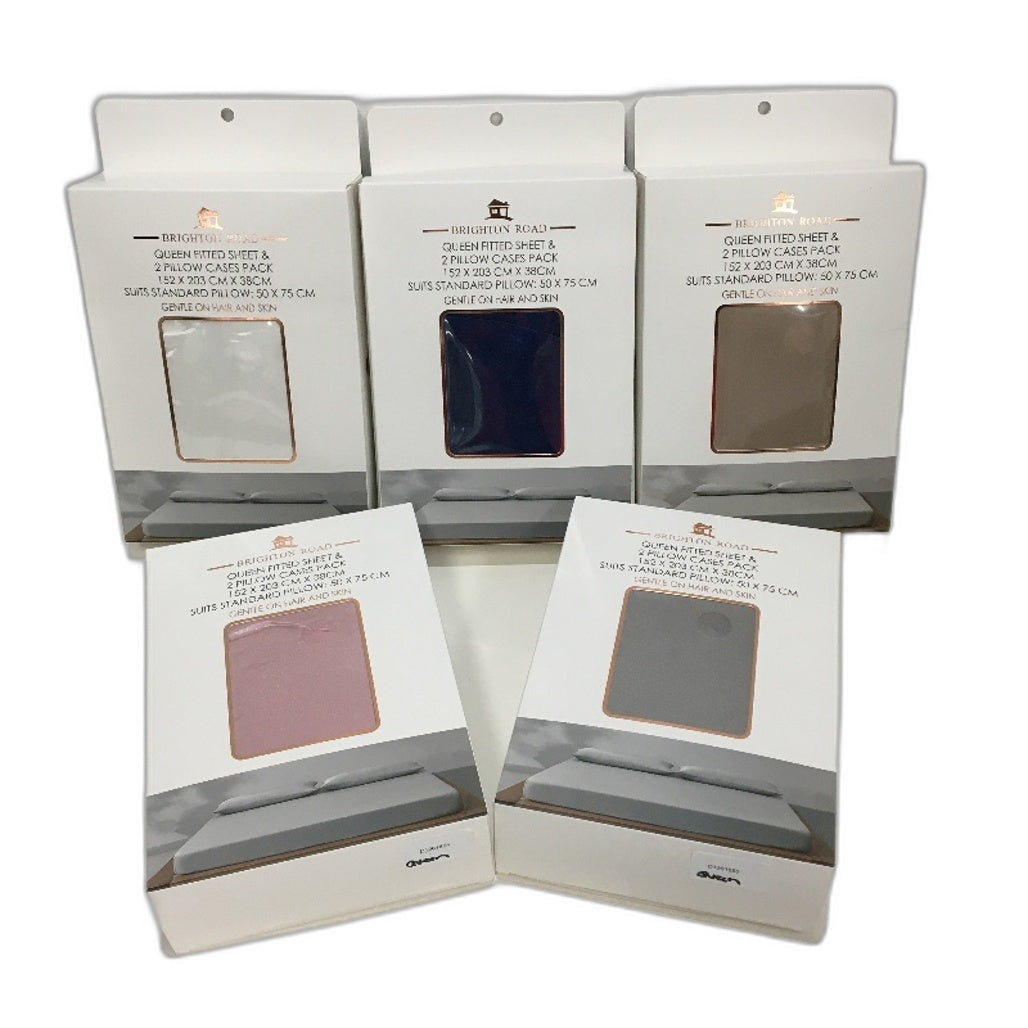 Brighton Road White Gentle On Hair & Skin Satin QUEEN Fitted Sheet Pack NEW