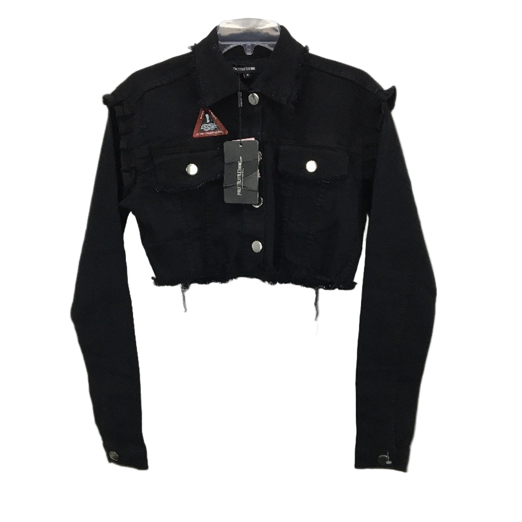 Pretty Little Thing Fringe Ruffle Cropped Black Denim Jacket Ladies Size 10 NEW