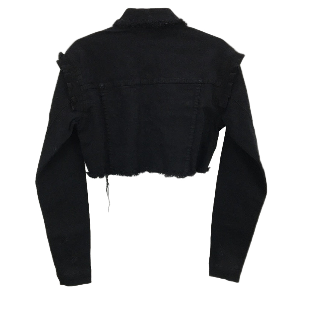 Pretty Little Thing Fringe Ruffle Cropped Black Denim Jacket Ladies Size 10 NEW