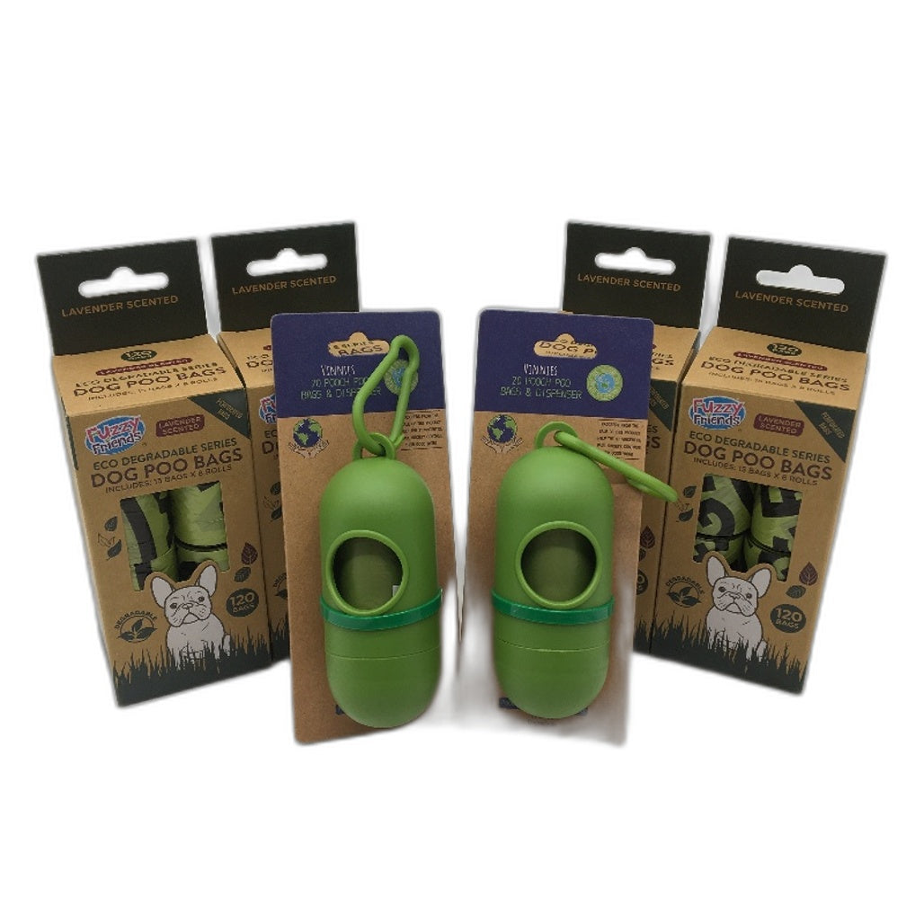 Vinnies & Fuzzy Friends 6pk x2 Poo Dispenser and x4 Scented Eco Dog Poo Bags NEW