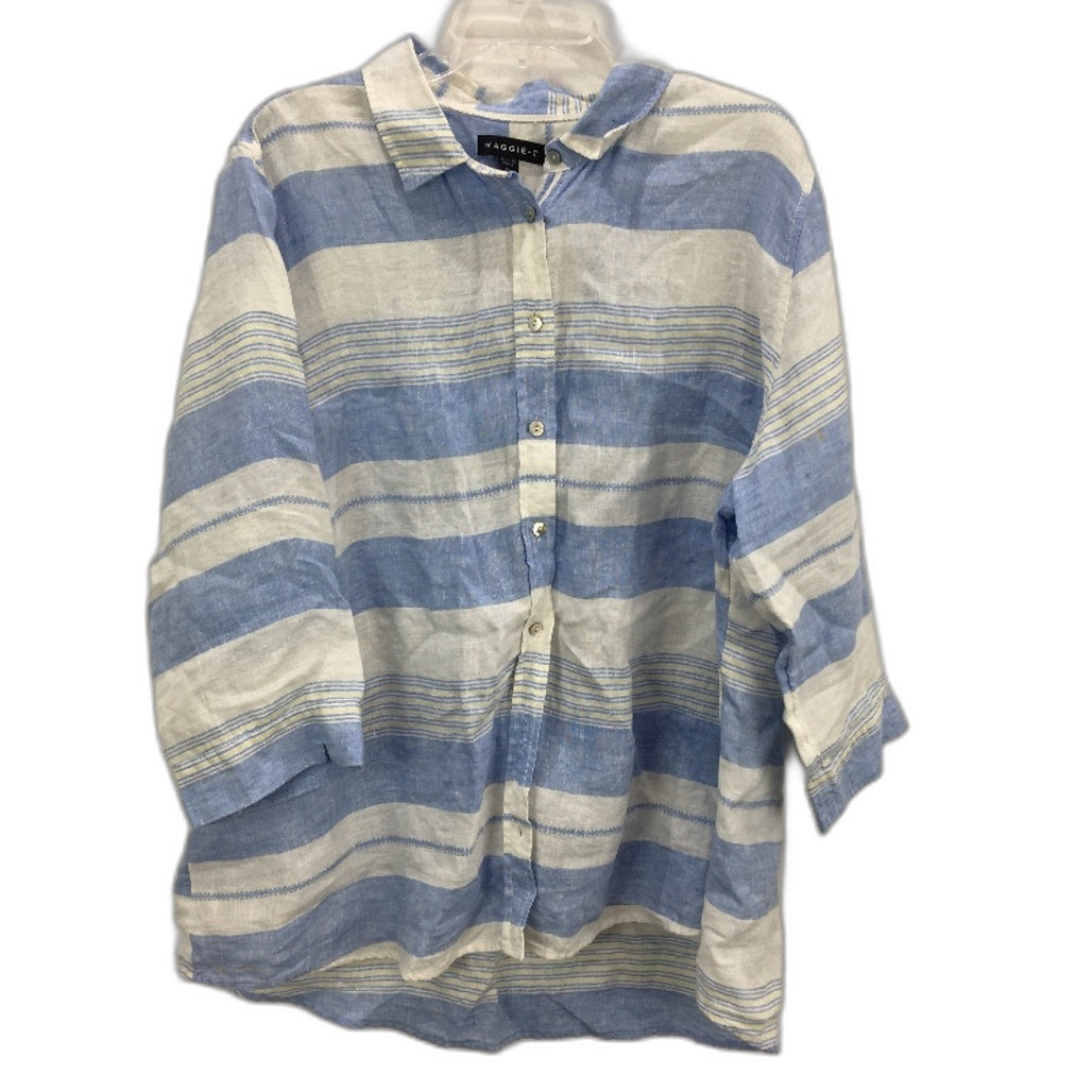 Maggie T 100% Linen Blue White Striped 3/4 Sleeve Button Up Shirt Ladies Size 20