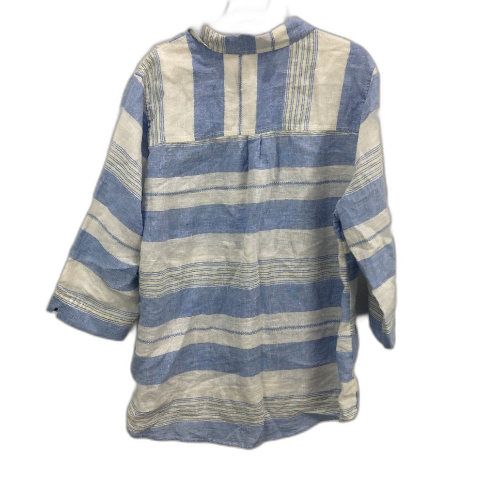 Maggie T 100% Linen Blue White Striped 3/4 Sleeve Button Up Shirt Ladies Size 20