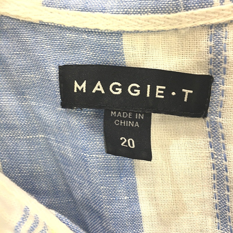Maggie T 100% Linen Blue White Striped 3/4 Sleeve Button Up Shirt Ladies Size 20
