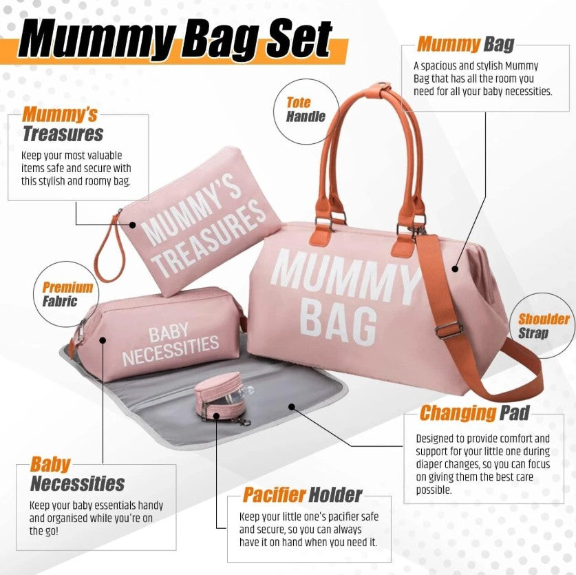 Mummy Treasures Diaper Bag Set Pink 5 Pce Inc Mat, Purse & Pacifier Pouch NEW