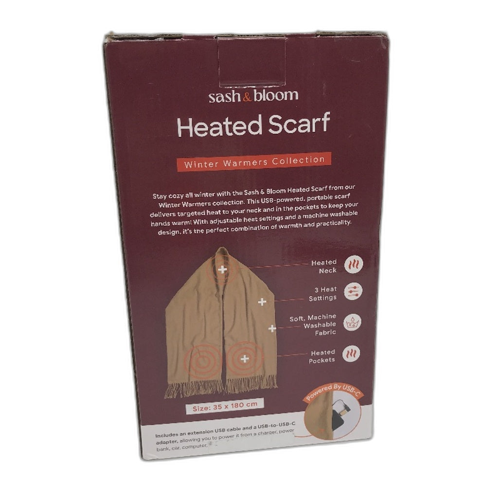 Sash&Bloom As Seen On TV USB Heated Scarf with Pockets in Camel Brown NEW
