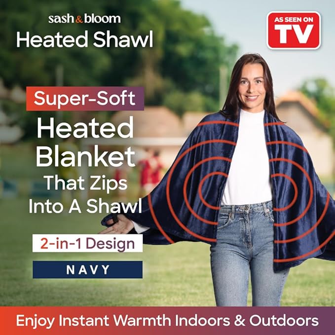 Sash&Bloom As Seen On TV USB Heated Zip Shawl Blanket in Navy Blue NEW