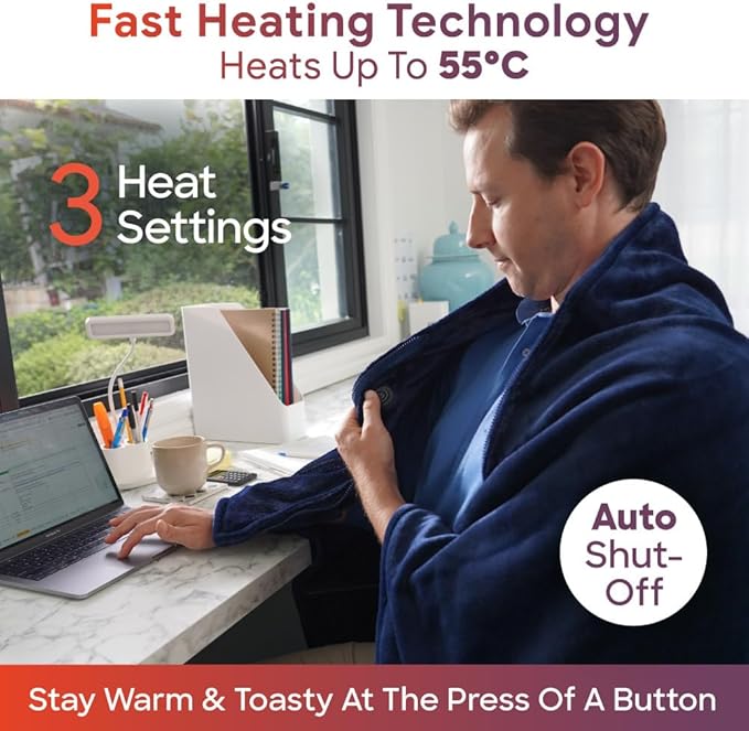 Sash&Bloom As Seen On TV USB Heated Zip Shawl Blanket in Navy Blue NEW