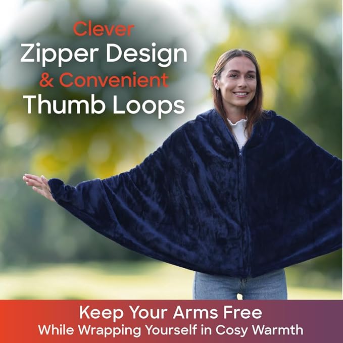 Sash&Bloom As Seen On TV USB Heated Zip Shawl Blanket in Navy Blue NEW