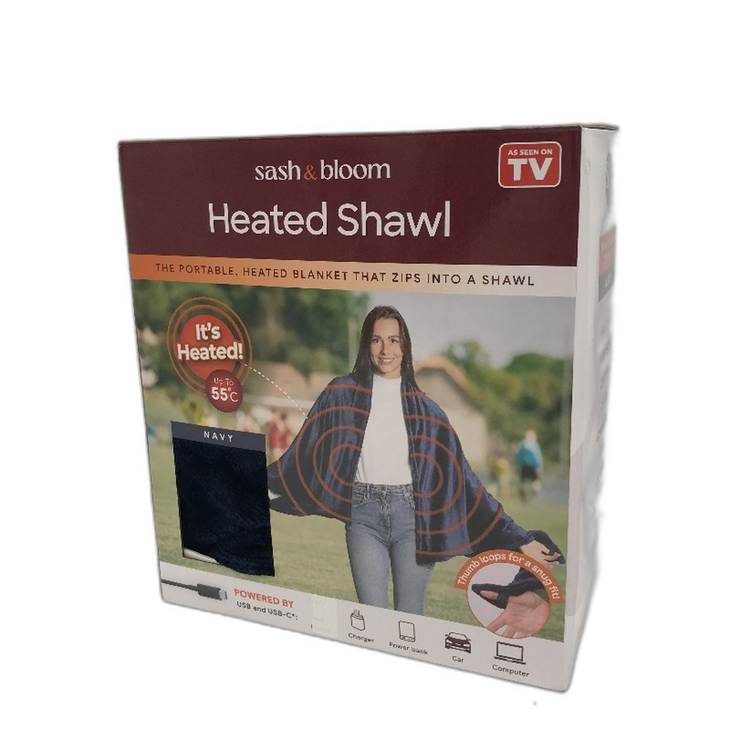Sash&Bloom As Seen On TV USB Heated Zip Shawl Blanket in Navy Blue NEW