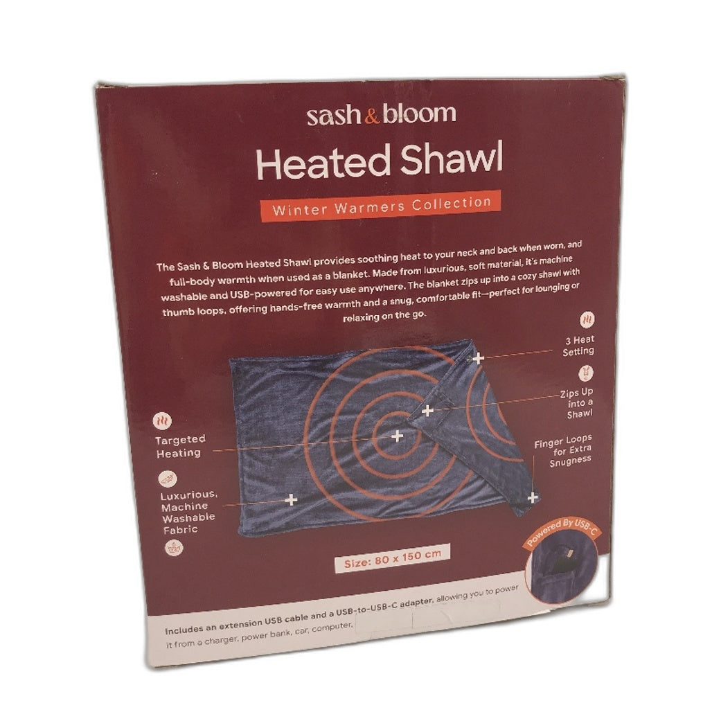 Sash&Bloom As Seen On TV USB Heated Zip Shawl Blanket in Navy Blue NEW