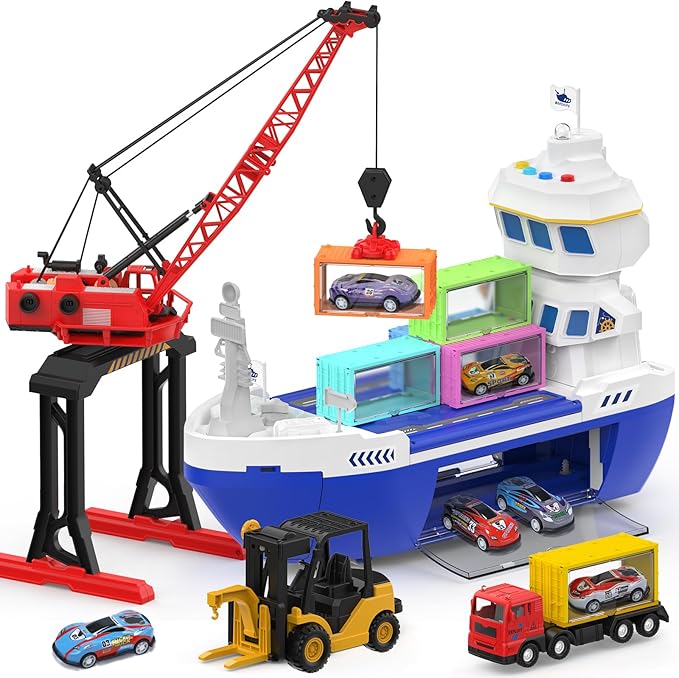 Cute Stone 2 in 1 Car Transport and Cargo Ship Light Up with Sound Toy Set NEW