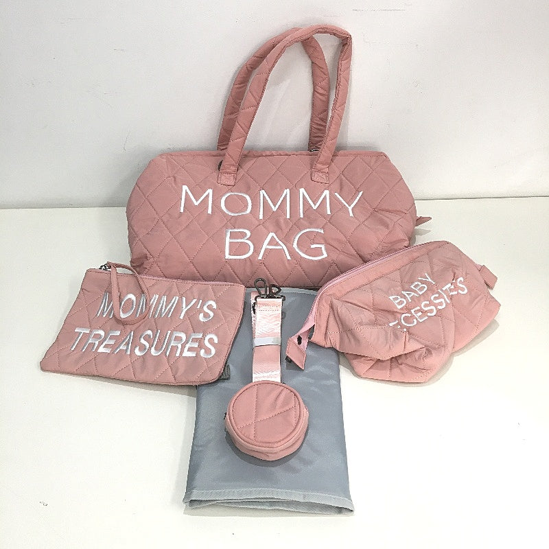 Ssumght 5 Piece Pink Mommy Logo Quilted Diaper Bag Pacifier Mat & Purses NEW