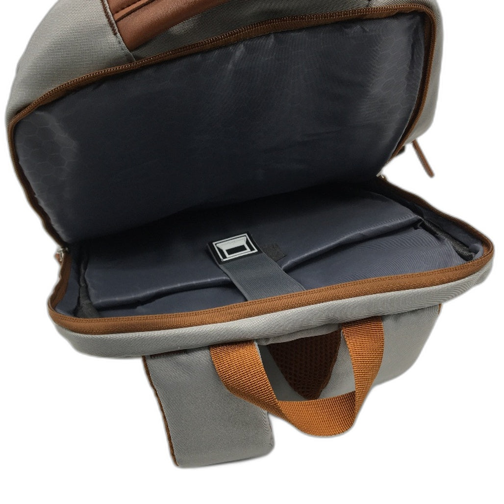 Carry On Grey & Brown Laptop Backpack Travel Bag With USB Port Light Weight NEW