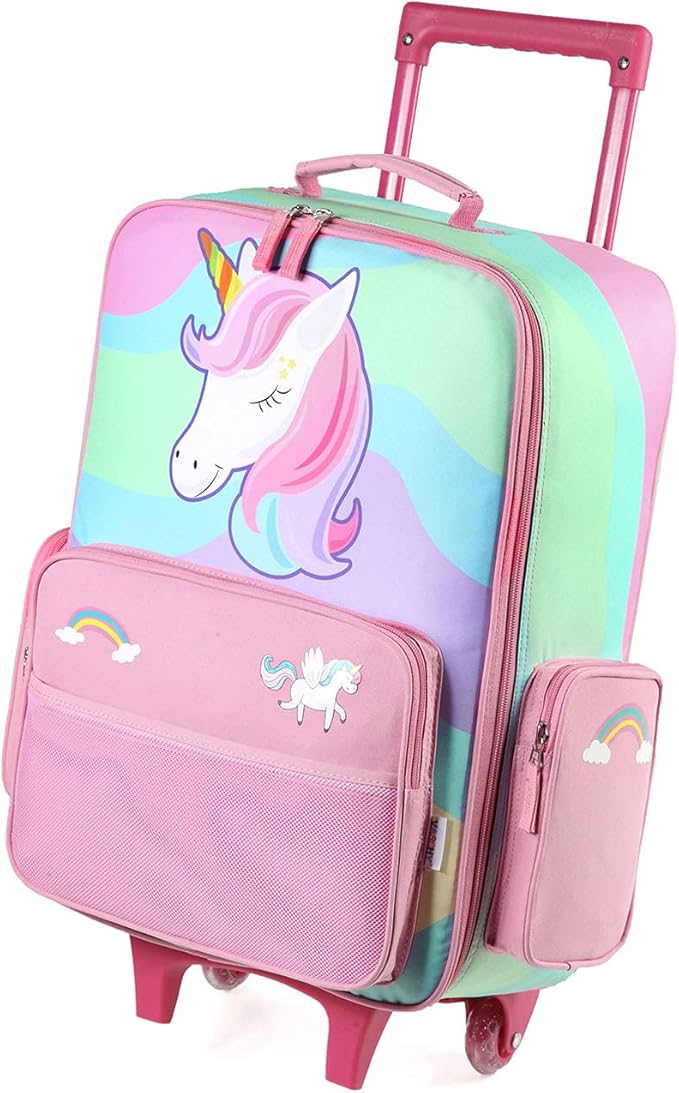 Vaschy Kids Travel Luggage Foldable Suitcase With Wheels 18 Inch Pink Unicorn