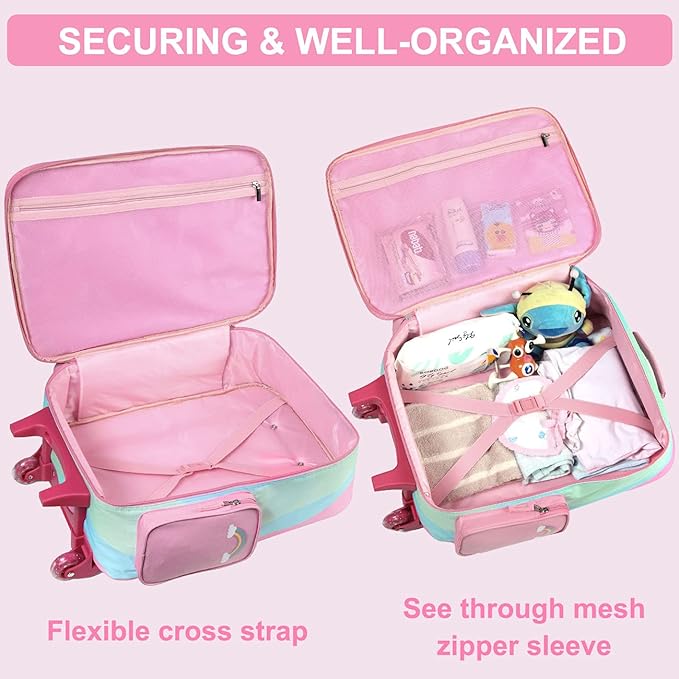 Vaschy Kids Travel Luggage Foldable Suitcase With Wheels 18 Inch Pink Unicorn
