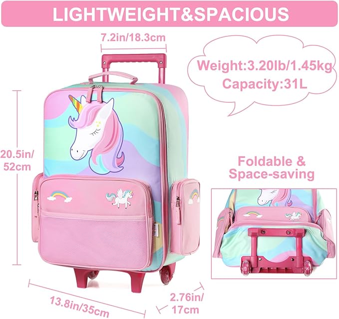 Vaschy Kids Travel Luggage Foldable Suitcase With Wheels 18 Inch Pink Unicorn