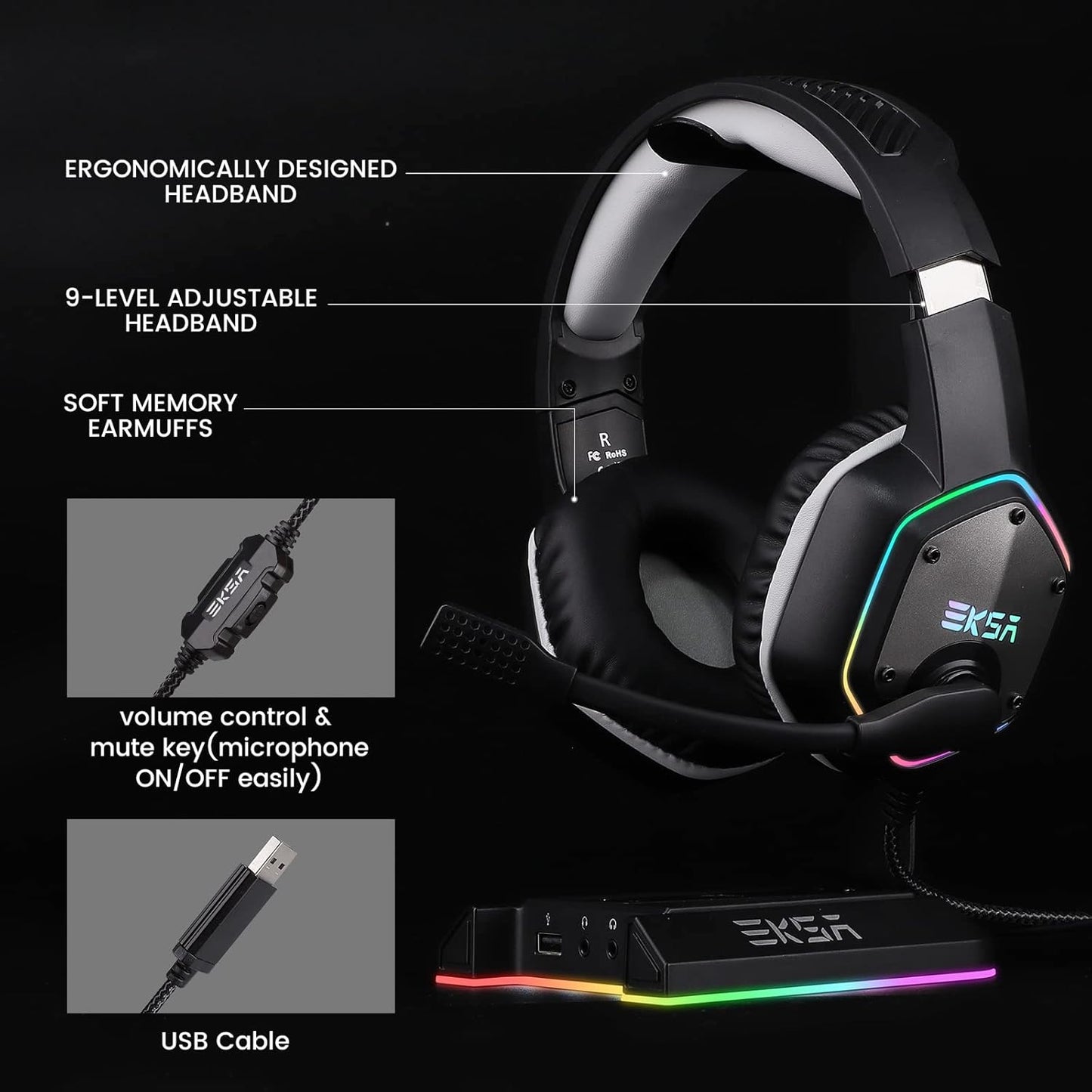 EKSA E1000 7.1 Surround Sound RGB Light USB Gaming Headset Built in Mic NEW
