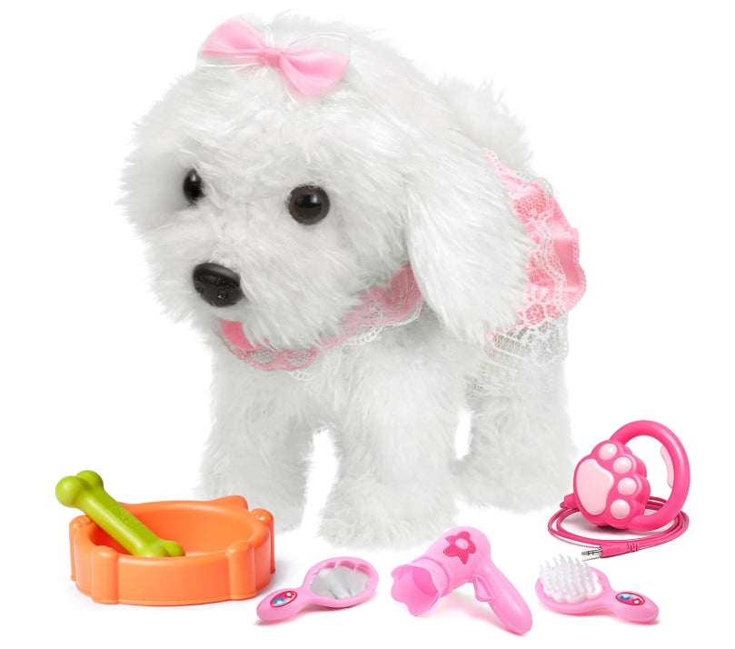 Walking Barking Toy Dog White & Pink Puppy Plush With Remote Control Leash