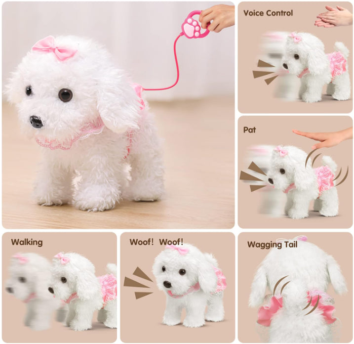 Walking Barking Toy Dog White & Pink Puppy Plush With Remote Control Leash