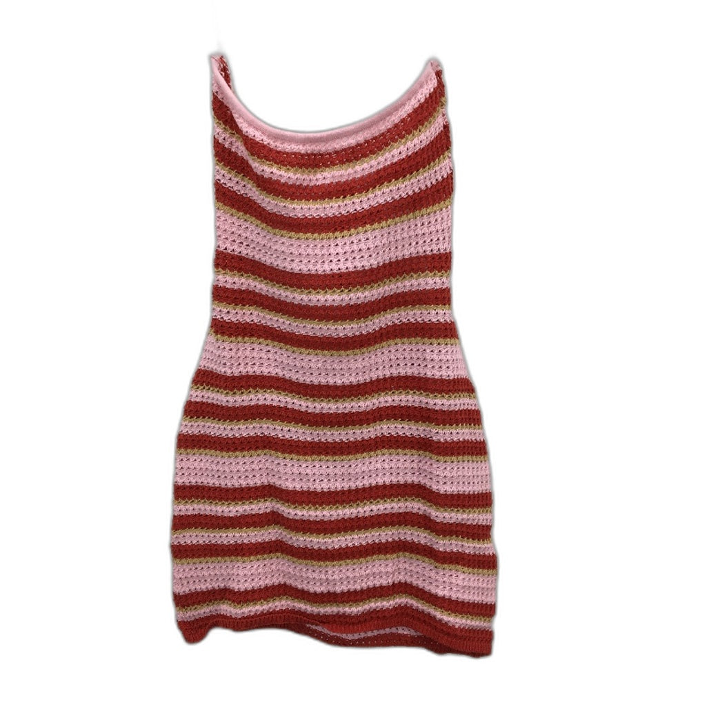 Subtitled Crochet Knit Tie Back Pink & Red Beach Mini Dress Ladies Size Small