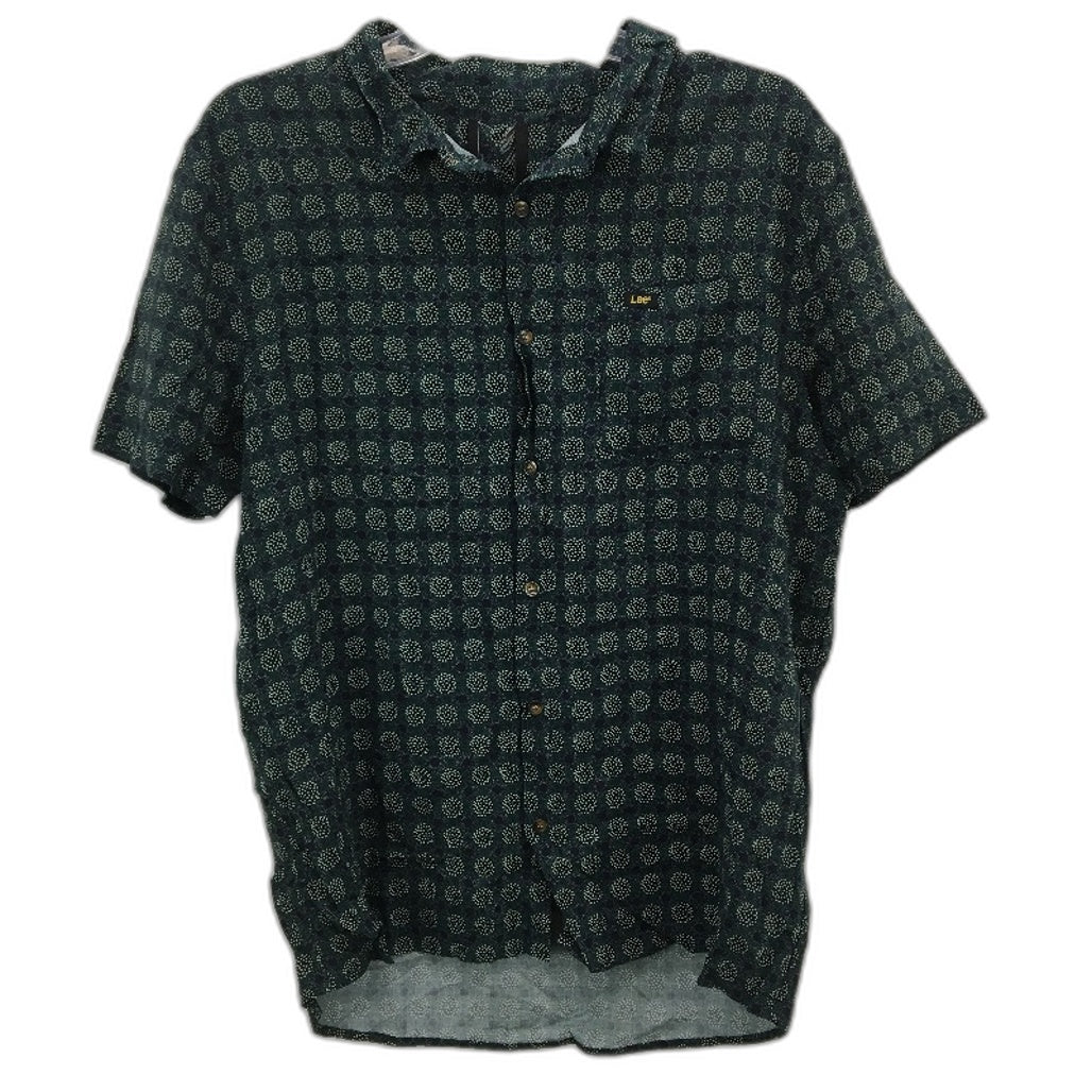 Lee Button-Up Patterned Green & Navy Casual Short Sleeve Shirt Mens Size Small