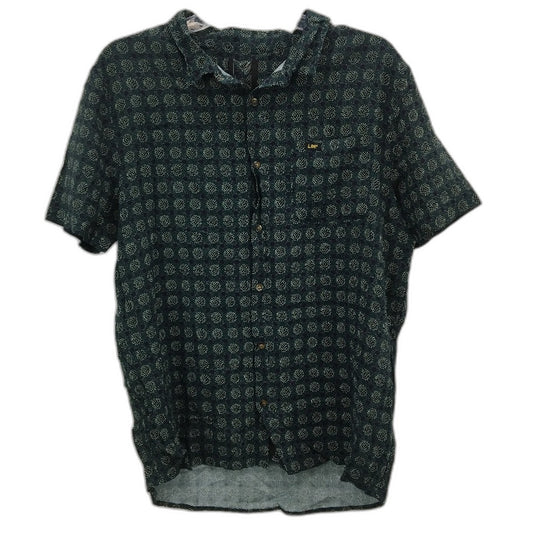 Lee Button-Up Patterned Green & Navy Casual Short Sleeve Shirt Mens Size Small
