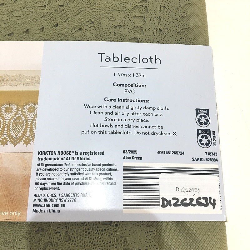 Kirkton House Olive Green Filagree Edge PVC Water Resistant SQ Table Cloth NEW