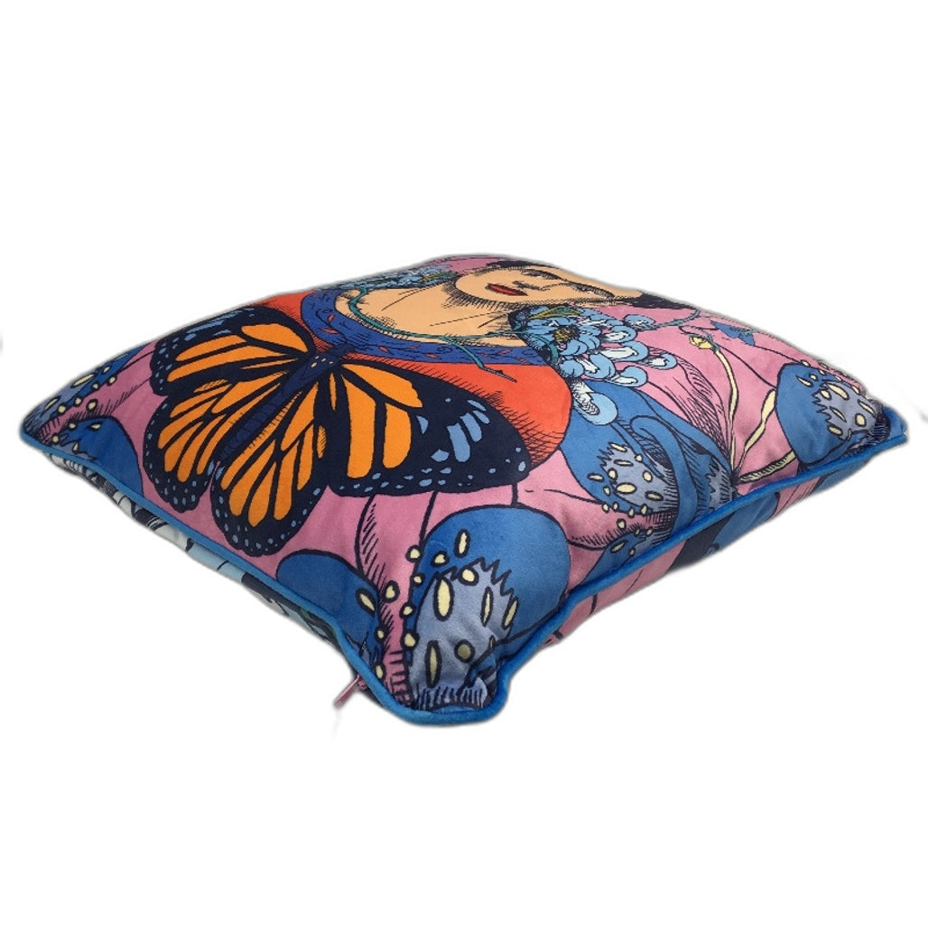 Frida Kahlo Blue Toned Butterfly Floral Cusion Removable Washable Cover NEW