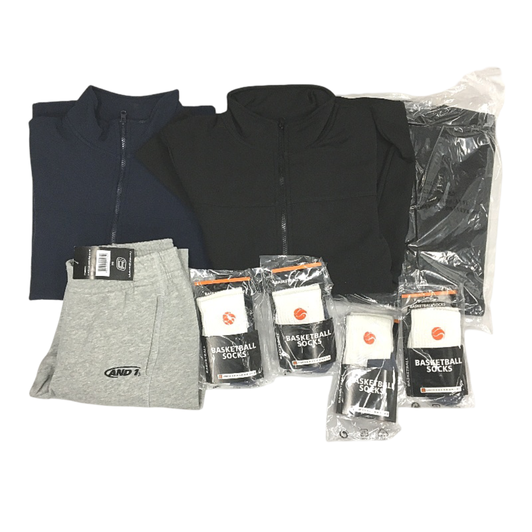 AND1 8pc Navy&Black Zip Up Jackets, Grey Trackpants, SML LTWT Socks Unisex 2XS