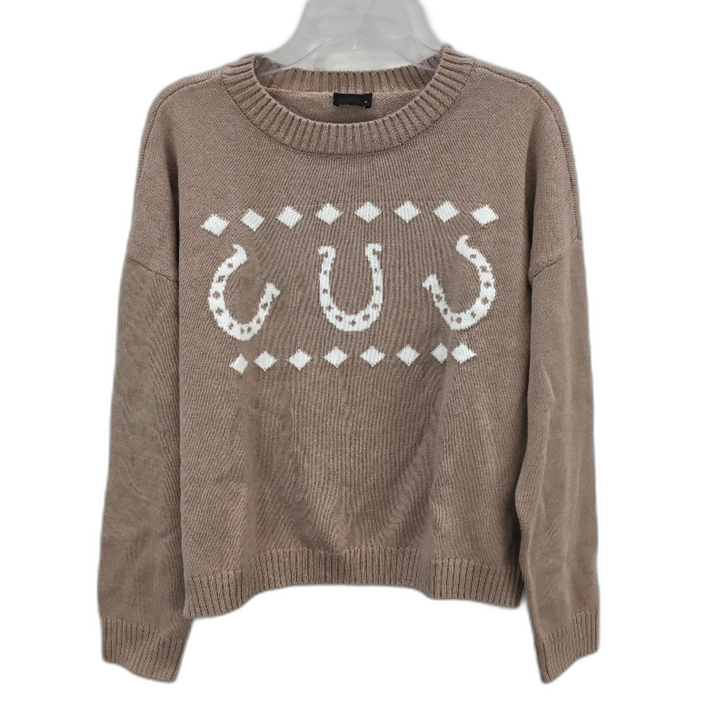 Dotti Novelty Crew Neck Knit Horseshoes Brown Sweater Ladies Size Medium NEW