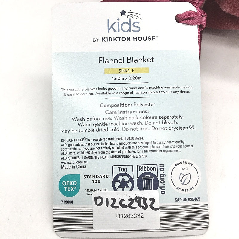 Kids By Kirkton House Pink Flannel Blanket In Storage Bag SINGLE 1.6m x 2.2m NEW