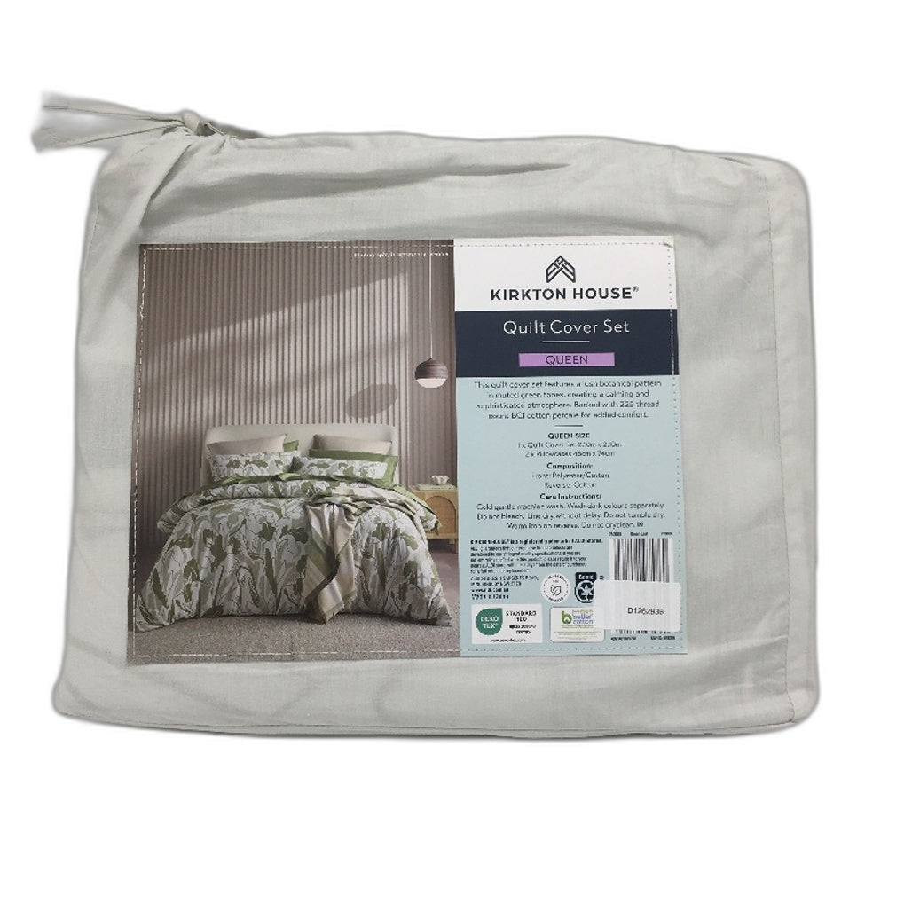 Kirkton House Cotton Blend Olive Green Textured Quilt Cover Set QUEEN Size NEW