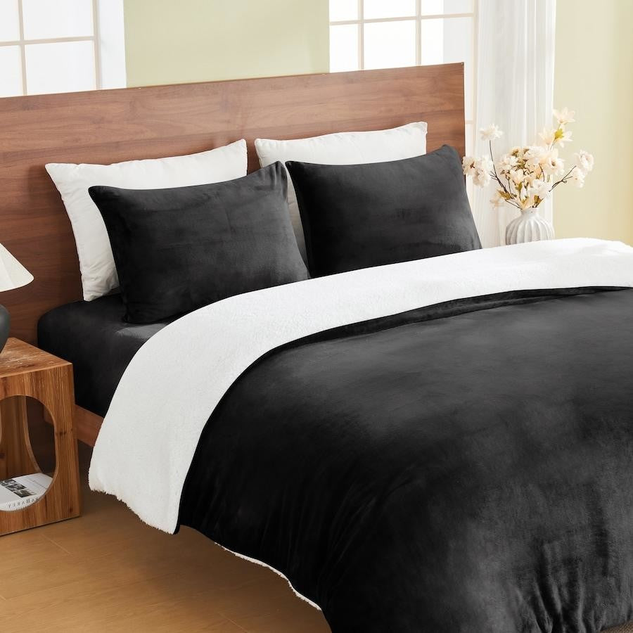Linenova Reversible Fleece Sherpa Black Quilt Cover Set Size Super King NEW