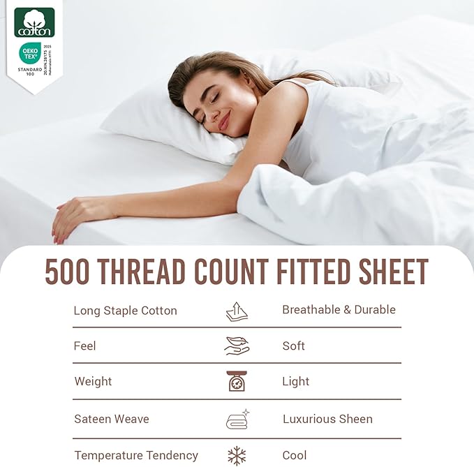 Pizuna 500 Thread Count Sateen White Single Fitted Sheet 100x200+40cm NEW
