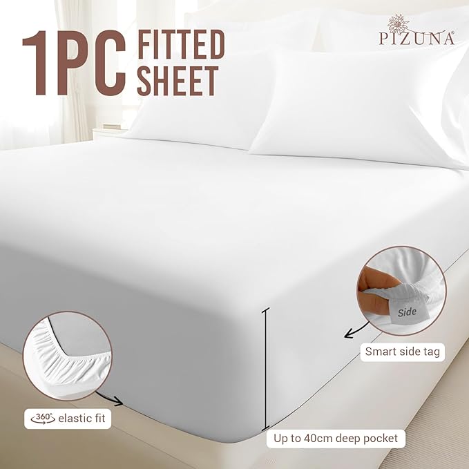 Pizuna 500 Thread Count Sateen White Single Fitted Sheet 100x200+40cm NEW