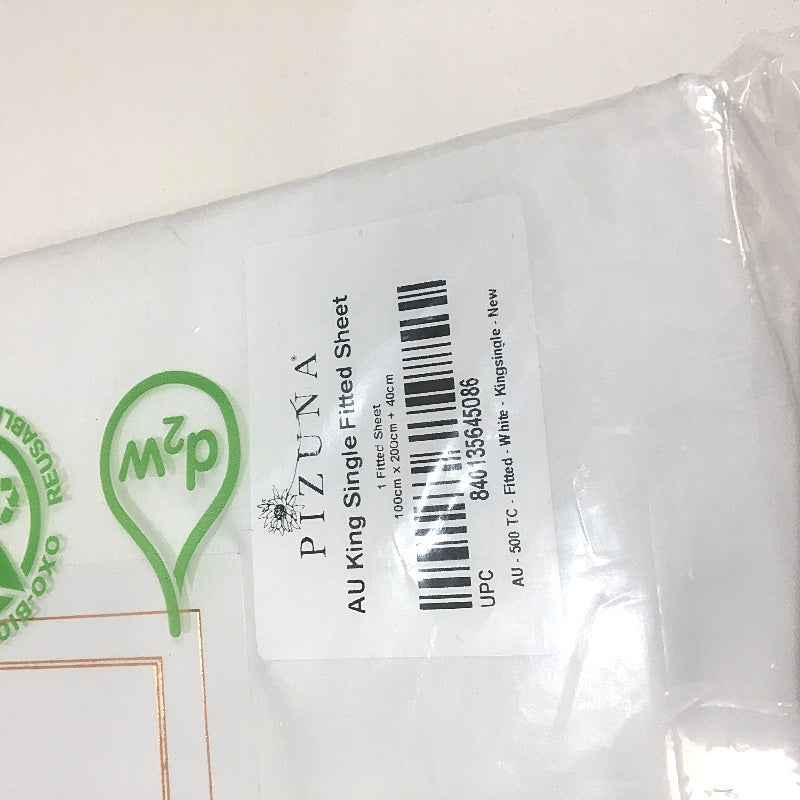 Pizuna 500 Thread Count Sateen White Single Fitted Sheet 100x200+40cm NEW