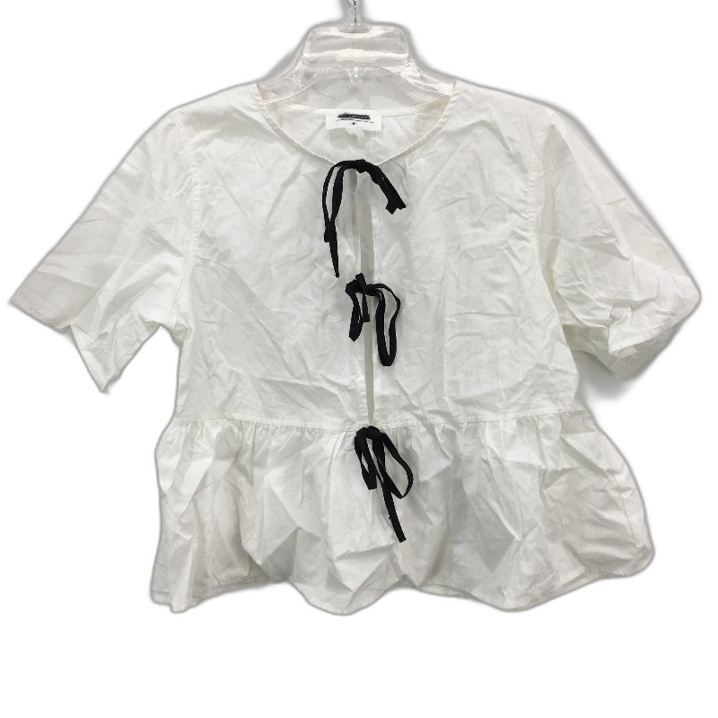 Subtitled White & Black Tie Front Short Sleeve Casual Top Ladies Size Medium