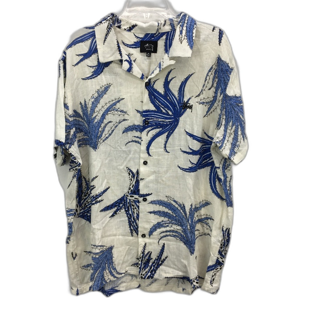 Stussy White & Blue Plant Patterned Button-Up Linen Casual Shirt Mens Size XL