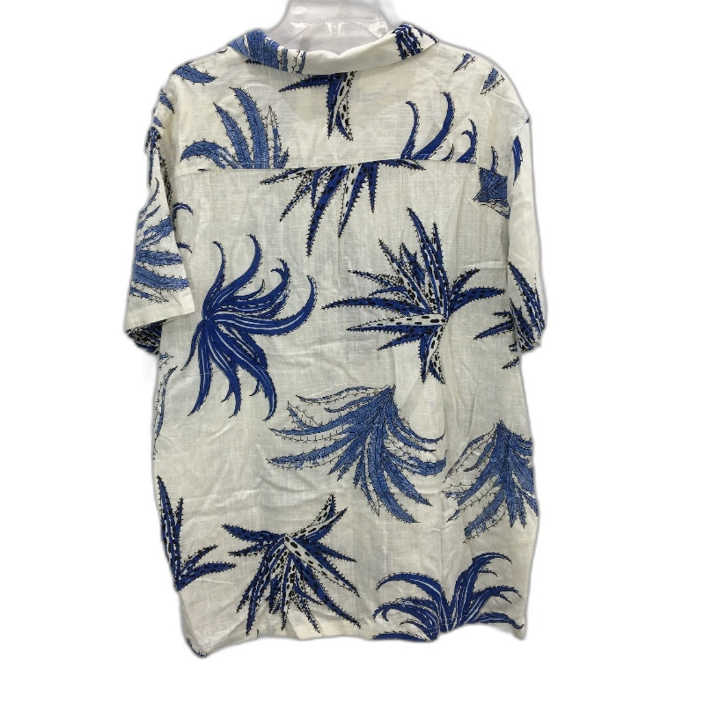 Stussy White & Blue Plant Patterned Button-Up Linen Casual Shirt Mens Size XL