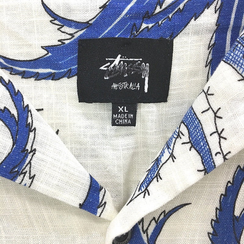 Stussy White & Blue Plant Patterned Button-Up Linen Casual Shirt Mens Size XL