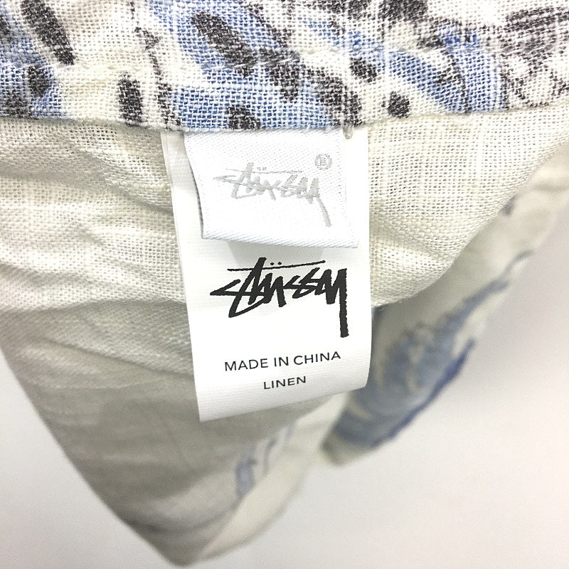 Stussy White & Blue Plant Patterned Button-Up Linen Casual Shirt Mens Size XL