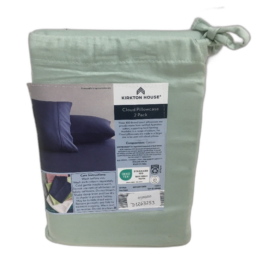 Kirkton House 2 Pack Green Soft Cloud Pillowcases 400TC Cotton 52cm x 78cm