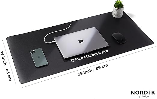 Nordik by Design Pebble Black Faux Leather Desk Mat W Cable Organiser 89x43cm NEW