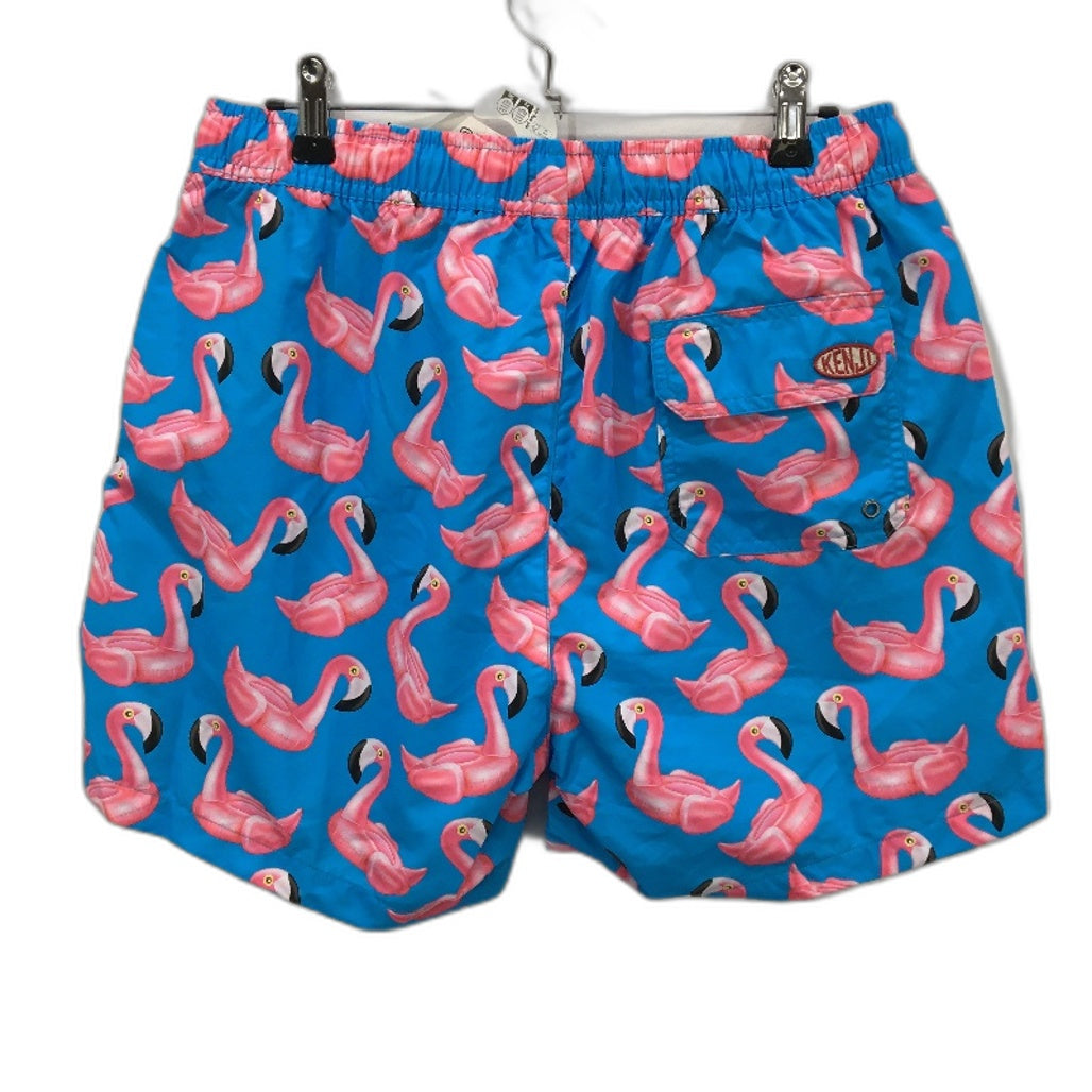 Kenji Bright Blue Pink Inflatable Flamingo Elastic Swim Shorts Mens Sze M NEW
