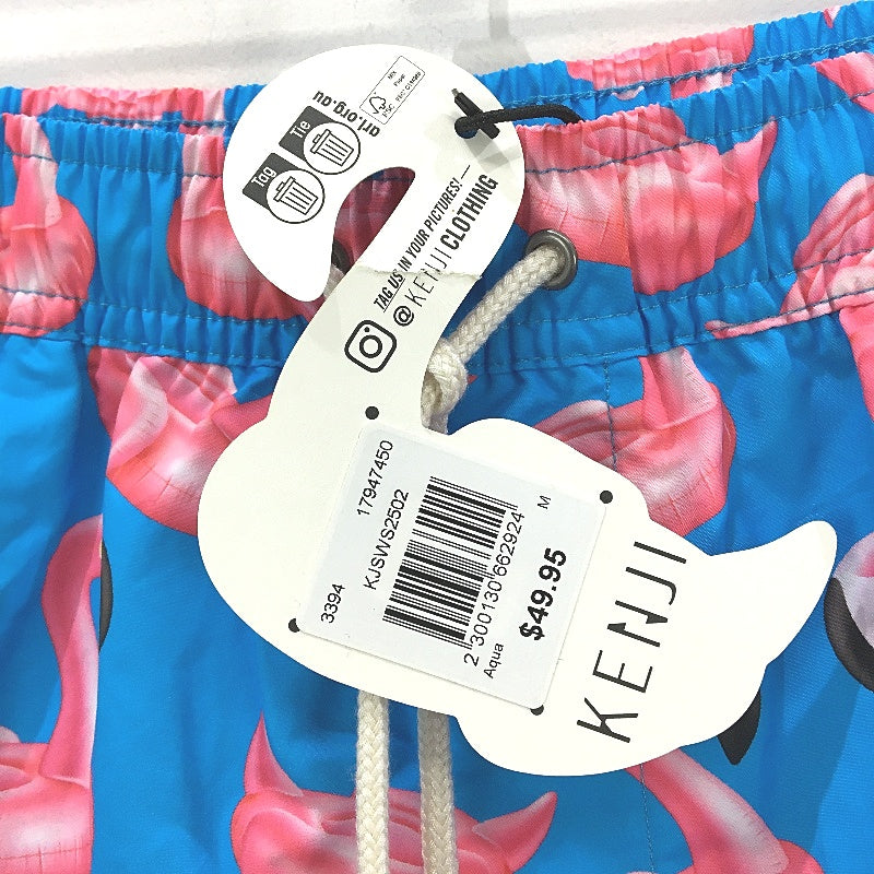 Kenji Bright Blue Pink Inflatable Flamingo Elastic Swim Shorts Mens Sze M NEW