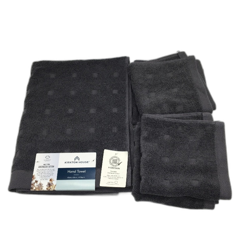 Kirkton House 5Pce Charcoal Square Patterned Hand Towel & 4 Face Washer Pack NEW