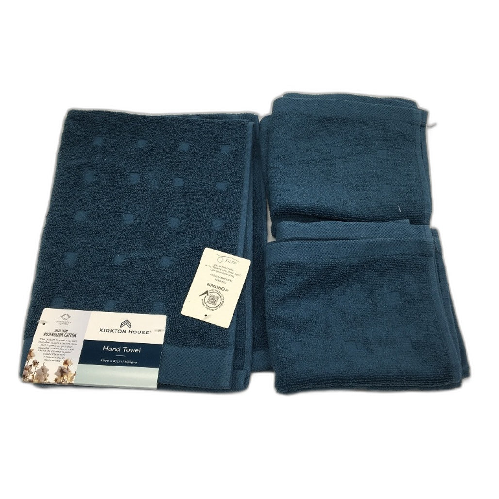 Kirkton House 5Pce Steel Blue Square Patterned HandTowel & 4 FaceWasher Pack NEW